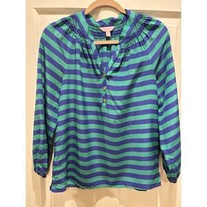 Lilly Pulitzer Elsa‎ 100% SilkBlouse Size XS Blue Green Stripe